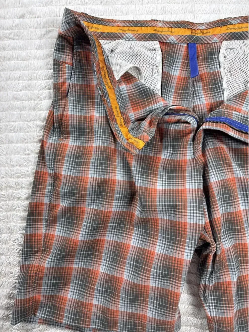 Tommy Bahama Paradise Tech Men Size 39x9” Orange Plaid Performance‎ Shorts Mesh